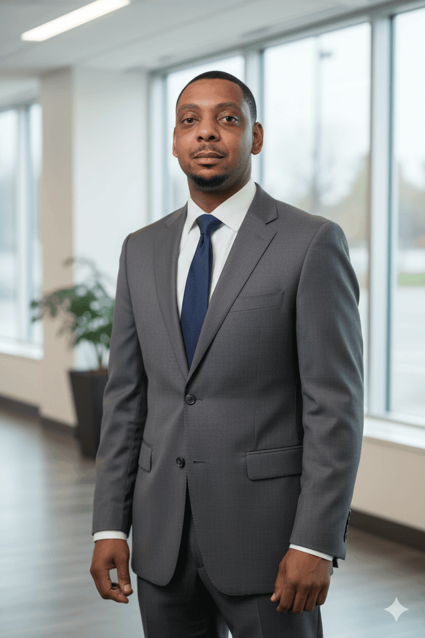 Man in a gray suit with a blue tie stands confidently in a modern office with large windows.