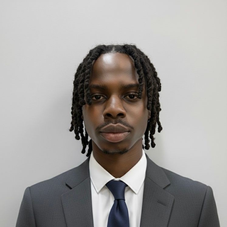 Man with braided hair wearing a dark suit and tie, standing against a plain background.